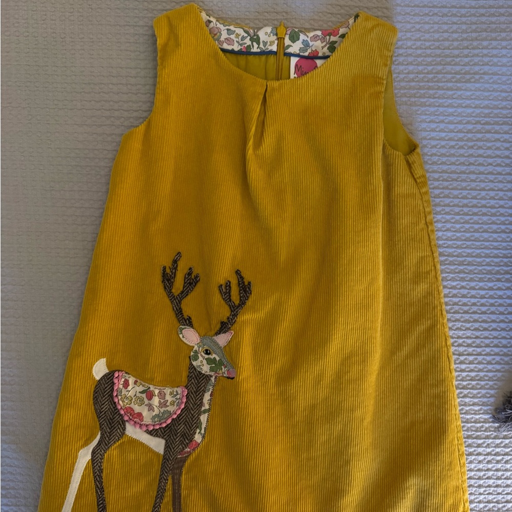 Yellow Corduroy Dress with Deer Applique